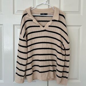 Elegant Striped V-Neck Sweater - Beige and Black